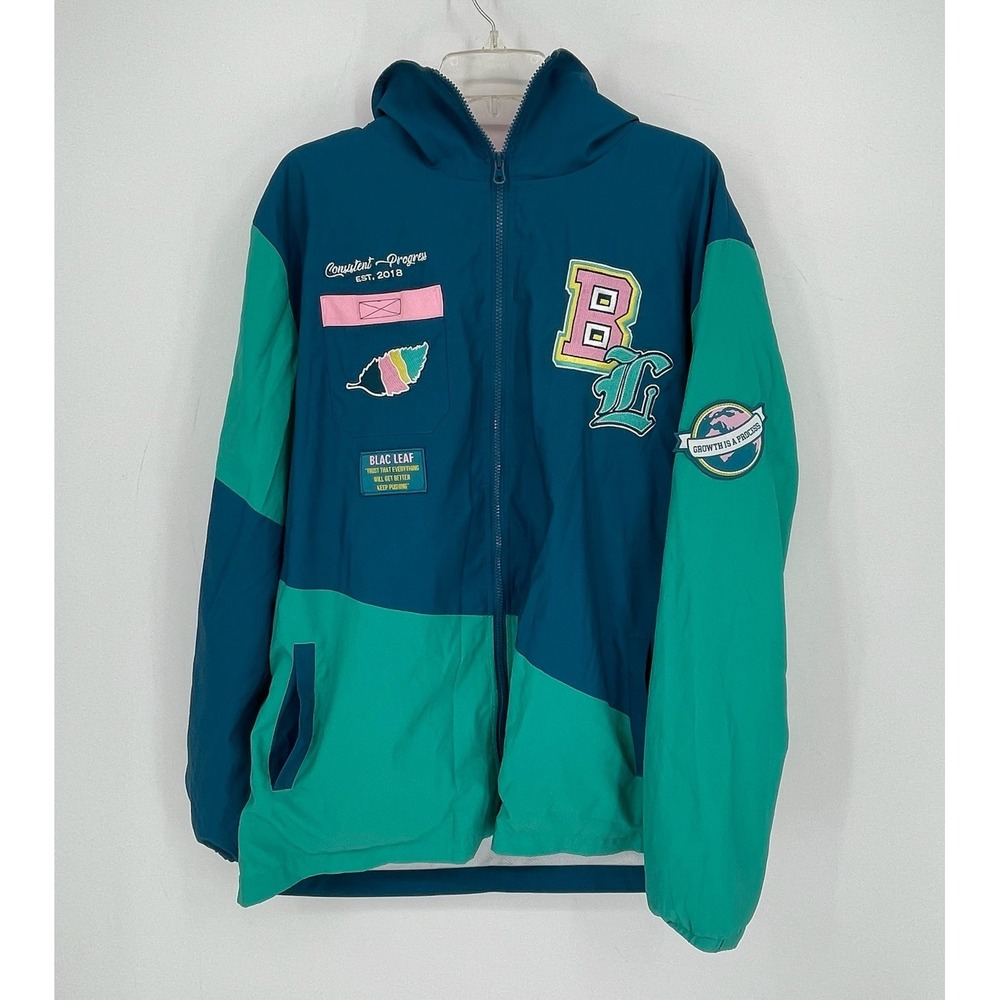 Blac Leaf Men's Teal Colorblock Patch Hooded Windbreaker Outdoor Jacket Size 3XL